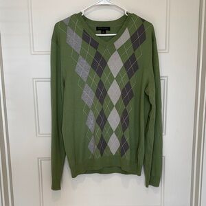 Banana Republic Green and Gray Argyle V-Neck Sweater